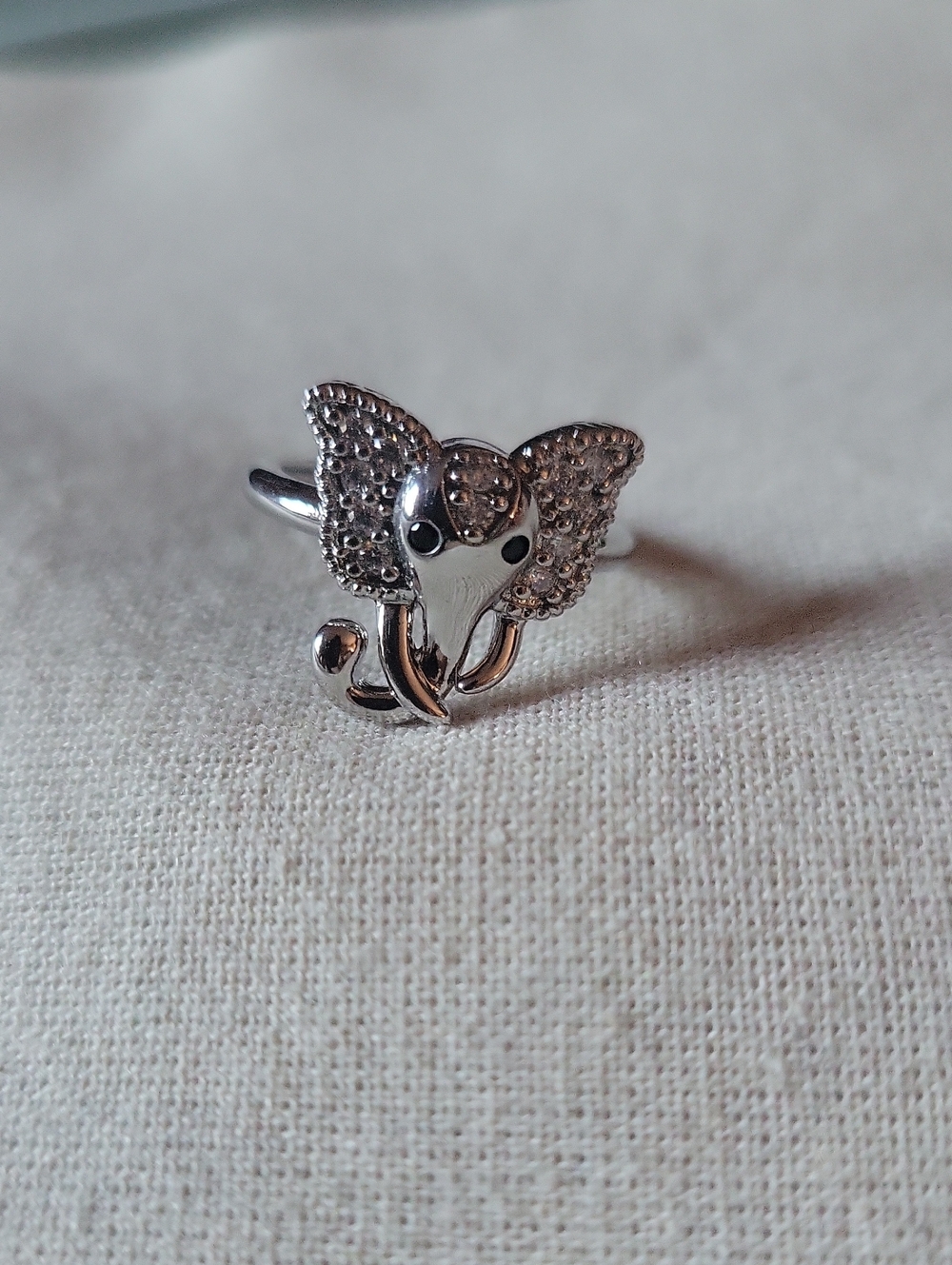 White Gold Plated Elephant Adjustable Ring with Pave Detail